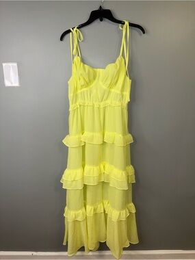 Pink Lily Neon Yellow Tiered Ruffle Maxi Dress Tie Strap Cottagecore Medium